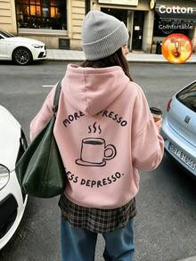 Women's Thermal Lined Hooded Sweatshirt, Coffee Cup Graphic, Printed With "MORE ESPRESSO LESS" Text, Y2K Style, Autumn/Winter - Sand Red - View 10