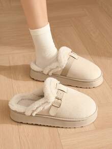 Unisex Faux Suede Upper Warm Slippers For Autumn/Winter, Thermal Lined Thick Sole Wearable Fuzzy Slippers, Buckle Decor Fashionable Warm Home Slippers - Beige - View 4