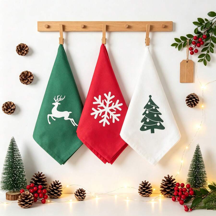 1/2/6pcs Christmas Reindeer Snowflake Christmas Tree Fabric Printed Napkins, Holiday Table Decor Napkins, Party Platter Photo Napkins - Multicolor - View 1