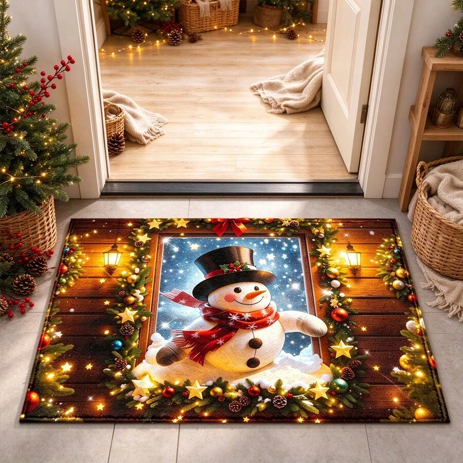 1pc Kitchen Floor Mat, Soft Faux Cashmere Material, Christmas Snowman Non-Slip Rug, Suitable For Home Entrance, Kitchen, Bathroom, Bedroom, Warm Pattern, Soft And Comfortable, Non-Slip And Durable, Holiday Atmosphere, Easy To Clean, Suitable For Multiple Scenes, Room Decor, Holiday Gift - Multicolor - View 1
