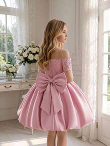 Gaun Pesta Ulang Tahun Anak Perempuan Model Puff Satin dengan Leher Bulat dan Bordir Pita yang Indah, Cocok untuk Pesta Malam dan Wisuda. - Dusty Pink - View 2