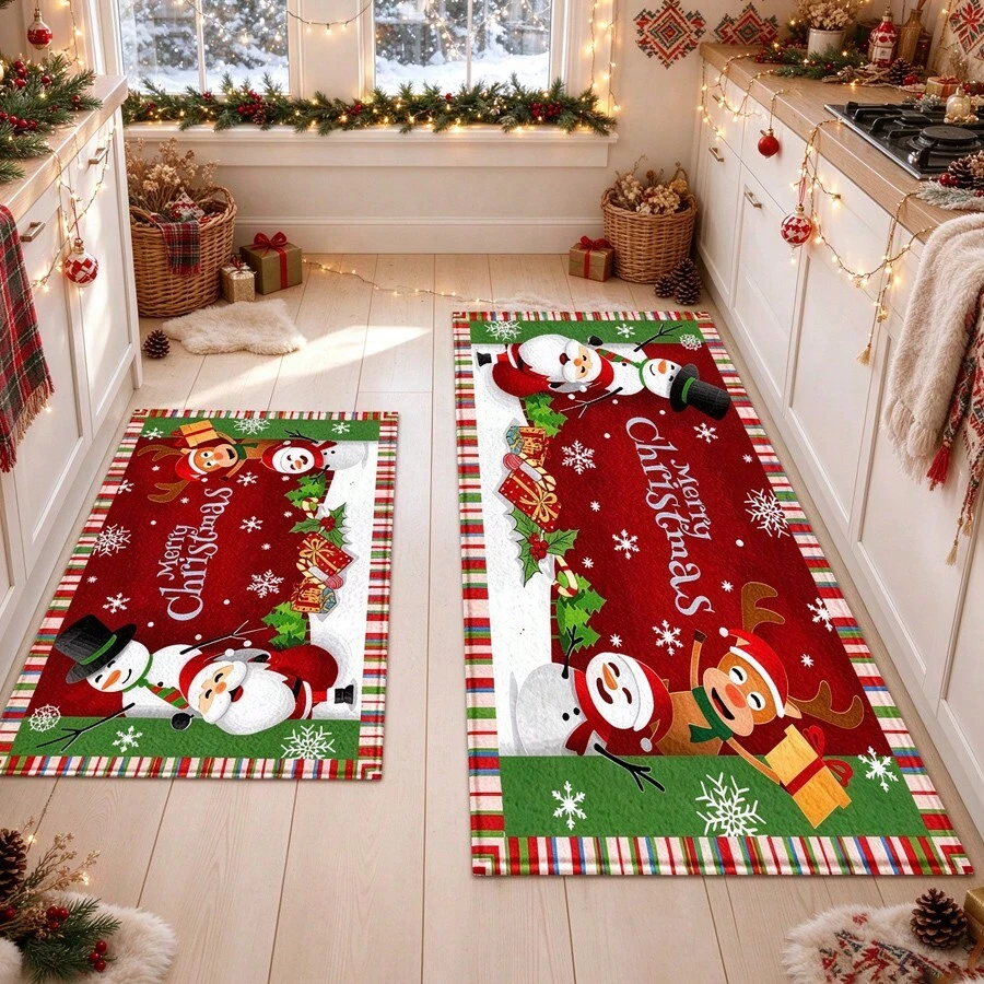1pc Kitchen Floor Mat, Soft Faux Cashmere Material, Christmas Cartoon Pattern, Non-Slip Mat For Kitchen, Bathroom, Entrance, Bedroom, Multi-Scene Use, Room Decor, Holiday Gift - Multicolor - View 1