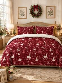 3 Pieces Dark Green Christmas Snowman Print Duvet Cover Set, Nordic Style Soft Microfiber Rectangular Bedding With 2 Matching Pillowcases, Breathable Cozy Comforter Cover For Winter Holiday Bedroom Home Decor - Multi-color C - View 2
