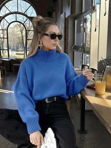 女款秋冬新款高領灰色極簡通勤修身優雅羅紋長袖針織套頭毛衣 - 深藍 - 查看 4