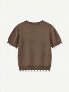 女款棕色圓領針織上衣 短袖復古通勤風 優雅拼色修身針織毛衣 T-shirt 休閒時尚日常穿搭 - 灰褐色 - 查看 7