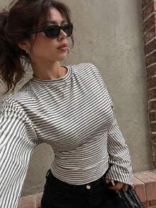 Minimalist Premium Color-Block Fine Striped Waist-Cinching Women's Top For Daily Wear, Dating, Street Style And Gatherings - Black and White Stripes - View 1