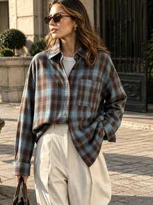 Plus Size Women's Brown & Blue Plaid Shirt Collar Long Sleeve Button Front Drop Shoulder Top (With Pockets, Suitable For Autumn) - Blue - View 8