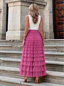 New Arrival French Style Long Skirt For Women, Elegant Solid Color High Waist Mesh Tulle Puff Skirt, Autumn Spring - Hot Pink - View 3