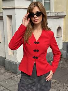 Women's V-Neck Frog Button Ruffle Trim Jacket, Long Sleeve Slim Fit Cropped Outerwear - Red - View 4