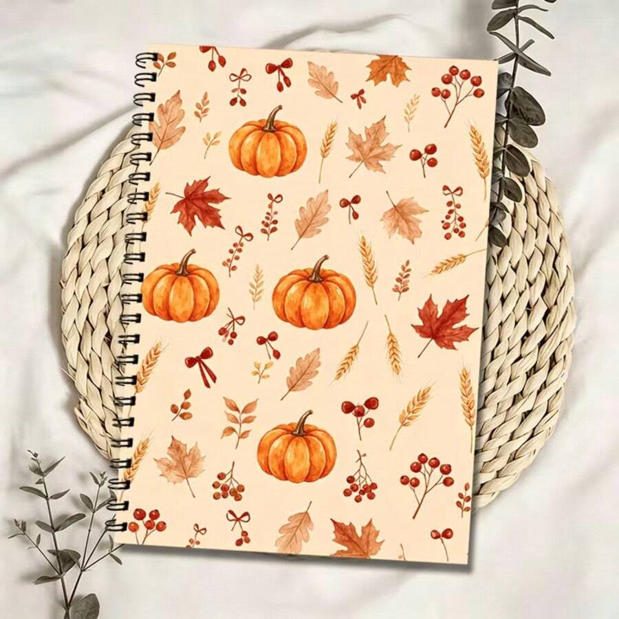 2D Flat 2D Plane Horizontal Line Notebook [Autumn Story] 1pc Pumpkin Mushroom Theme Spiral Notebook, 1pc, Mixed Paper, Suitable For School And Office Supplies, Perfect Gift For Friends And Colleagues - One Book (50 Pages, 100 Pages) - View 1