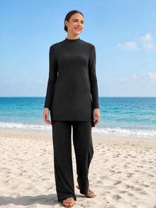 VFJ Women's Casual High Elasticity Round Neck Long Sleeve Modest Swimsuit Set, Includes High Waist Swim Bottoms, Suitable For Elegant Swimming - Black - View 5