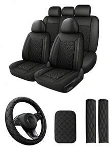4/8/13pcs PU Leather Car Seat Covers Set, Includes Leather Steering Wheel Cover, Shoulder Pads And Armrest Pads - Multicolor - View 13