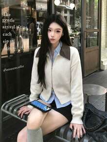 Elegant Women's Full Zip Bomber Cardigan Long Sleeve Regular Length With Contrast Lapel And Rib-Knit Details For Fall/Winter - Apricot - View 4