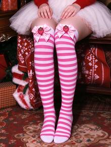 1 Pair Christmas Strawberry Bow Over-The-Knee Socks, Luxury Fashion, One Size High Elasticity, Suitable For Party Date Night, Spring Style - Multicolor - View 9