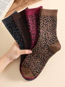 2 Pasang Kaos Kaki Wanita Setengah Betis, Motif Leopard Burgundy Tebal dan Hangat, Cocok untuk Dipakai di Musim Gugur/Musim Dingin - MultiWarna - View 6