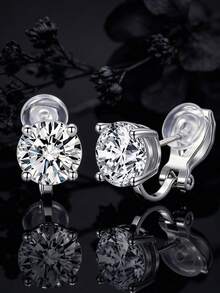 18K White Gold Plated Round Cubic Zirconia Faux Diamond Ear Clips, Unisex, No Piercing Required - Round - View 11