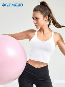 GEMCHO Women's Long Yoga Sports Tank Top, Wireless, Thick Padded, Medium Support, Spring/Summer - White - View 8