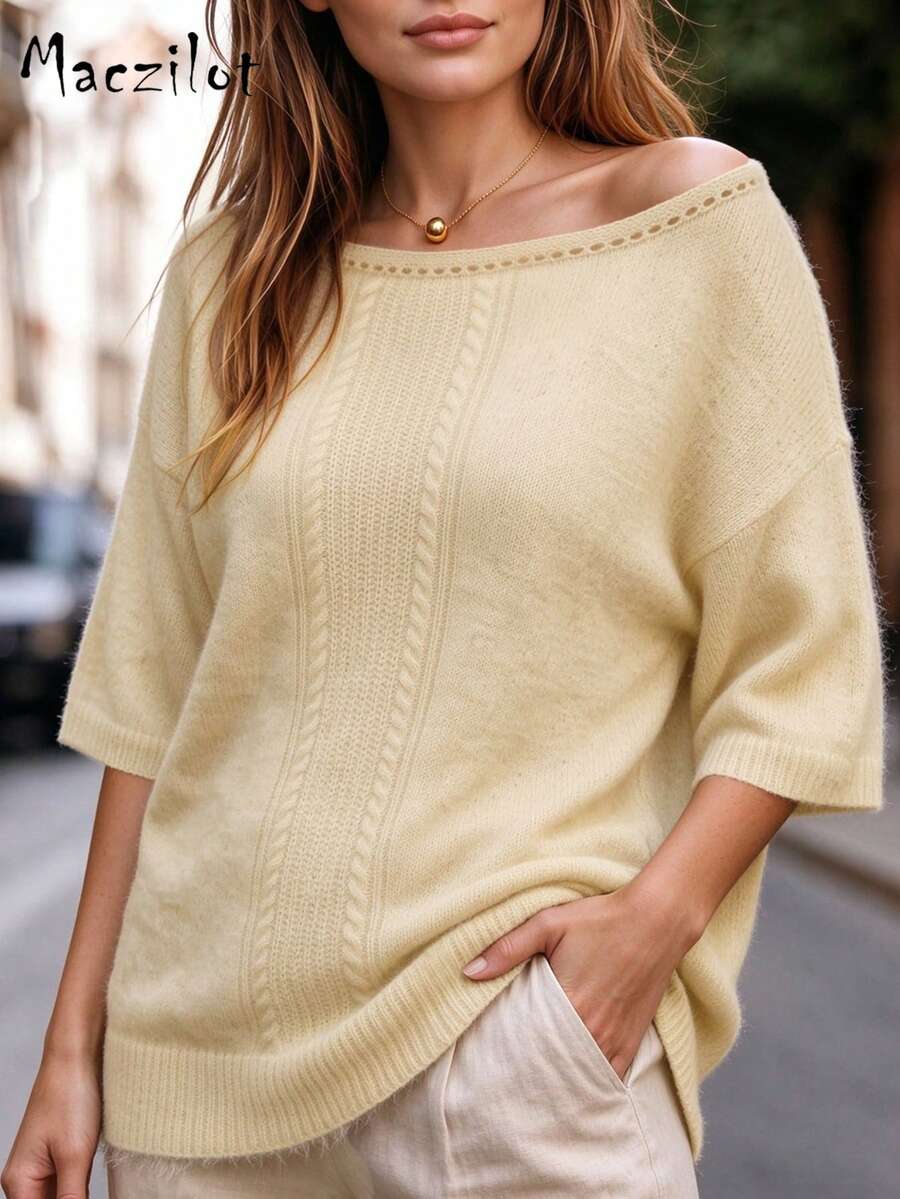 Women's Plus Size Soft Fluffy Cold Shoulder Knit Top, Short Sleeve Textured Sweater, Autumn Office Casual Slim Fit Fashion Outfit - Khaki - View 1