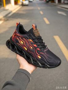 Men's Flame Print Blade Sole Sports Shoes, Thick Sole Height-Increasing Casual Chunky Sneakers With Lace-Up - Black - View 1