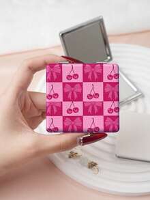 1PC Millennium Y2K Series Portable Vanity Mirror, Foldable Lightweight Ultra-Thin Convenient Hand Mirror, PU Leather, Suitable For Multiple Scenarios And All People, Foldable Small Square Mirror, Pocket Mirror, Cartoon Bow Cherry Plaid Print Pattern Design, Exquisite Handheld 180° Flip Cover Multi-Function - Multicolor - View 7