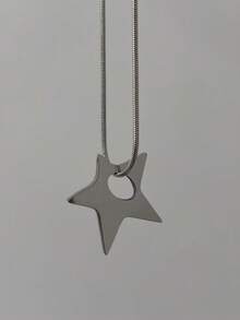 1pc/2pcs Punk Oversized Asymmetrical Hollow Star Pendant Stainless Steel Necklace, Men's Unisex Hip Hop Y2K Jewelry Necklace - Silver - View 8
