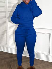 LovelyWholesale Women's Hooded Collar Long Sleeves Pocket Plain Casual Everyday Wear Top And Pants Set Spring Fall Clothing - Royal Blue - View 3