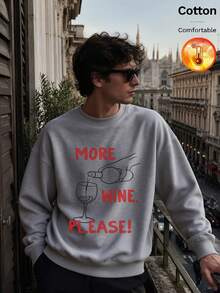 Men's Fleece Crew Neck Sweatshirt, Wine Pouring Print, MORE WINE PLEASE Text, Y2K Style, Autumn/Winter - Heather Gray - View 6
