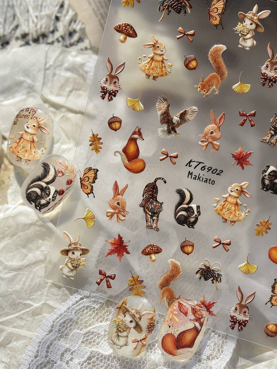 Beautizon Nailartlab Autumn Forest Cartoon Animal Nail Stickers (Rabbit And Fox Patterns) - Self-Adhesive Waterproof Nail Decals And Accessories, Suitable For Girls DIY Autumn Nail Art Decoration - Multicolor - View 1