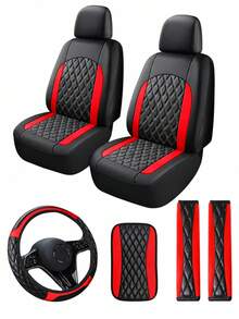 4/8/13pcs Double Stitch Quilted PU Leather Car Seat Covers, Includes Leather Steering Wheel Cover, Armrest Pad And Shoulder Pad, Car Interior Accessories - Multicolor - View 12