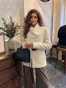 كارديجان صوف محبوك بياقة منسدلة وحزام، أكمام طويلة وطول متوسط، لون عاجي، كارديجان أنيق للخريف للنساء مع مرونة ناعمة وقصة مريحة - لون مشمشي - مشاهدة 3