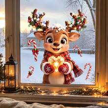 1Pc Cute Reindeer Christmas Window Clings Static Decals Santa Hat String Lights Kids Room Holiday Decor Window Decals - Multicolor - View 7