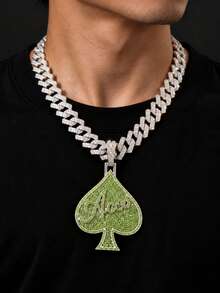 European & American Hip Hop Colorful Full Rhinestone Spade A Pendant Cuban Chain, Personalized Street Style Rhinestone Men's Necklace, Rap Accessory - Silver - View 10
