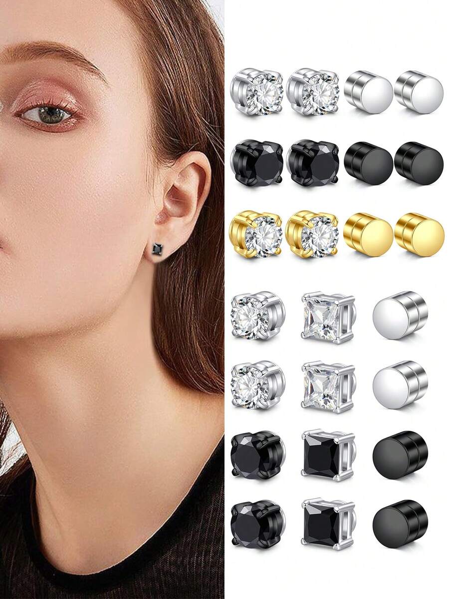 CIZME Stud Earrings - Non Piercing Fake Clip On Earring Stainless Steel Hypoallergenic Ear Rings For Women, Fashion Diamond Design, Silver/Black Styles - Multicolor - View 1