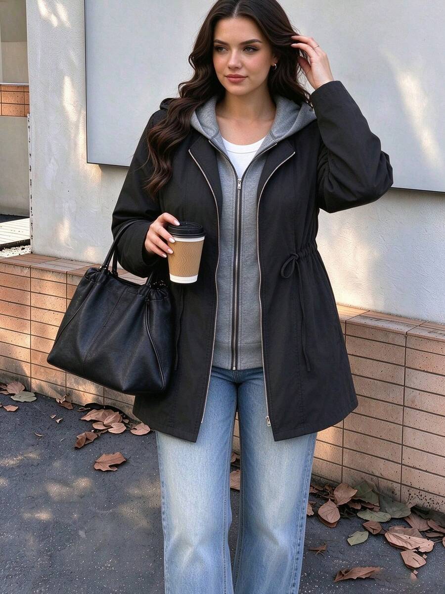 Áo khoác trench dáng vừa có mũ 2 trong 1 thắt eo cho người size lớn, phù hợp đi làm hàng ngày, du lịch ngoài trời và mặc thường ngày phong cách đường phố mùa thu - màu đen - Xem 1