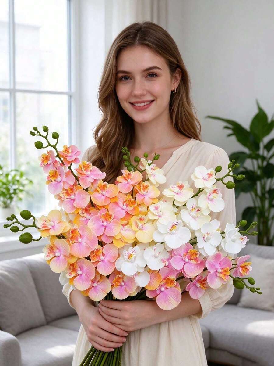 1PC--Premium-Look Artificial Phalaenopsis Orchids Autumn Home Decor Wedding Decorations-Perfect For Living Rooms, Bay Windows, Entryways, Wedding Arrangements, And General Decor. - Multicolor - View 1