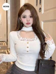 法式黑色極簡性感蕾絲長袖T恤 女款 春季高端內搭打底上衣 - 白色 - 查看 3