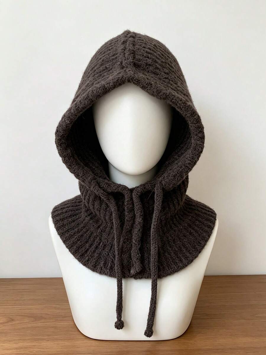 1pc Women's Thick Chunky Knit Hooded Neck Warmer, Drawstring Integrated Knit Head Cover, Suitable For Daily Commute, Outdoor Walking, Street Style - Knitted Hood - View 1