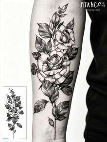 Temporary Tattoo Sticker, 1pc Sketch Rose Bouquet Pattern Tattoo Sticker, Waterproof & Sweat-Proof Temporary Tattoo, Elegant Fake Tattoo For Women, Small Body Art For Collarbone, Ankle, Wrist, Lasts 3-5 Days On Skin - Red - View 3