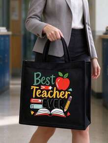 Teacher Theme Black Linen Tote Bag Set, Includes Large Tote Bag + Small Coin Purse, Printed With Best Teacher Ever Apple Design, Large Capacity Durable Canvas Material, Perfect Gift For Teacher's Day, Suitable For Students To Purchase And Give To Teachers, Daily Commute, Lesson Planning, Book And Stationery Storage - Multicolor - View 2