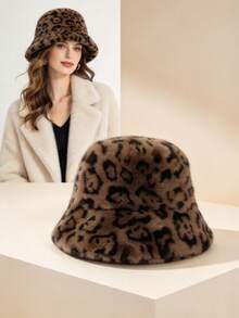 1pc Women's Fashion Leopard Print Versatile Plush Bucket Hat, Streetwear Travel Warm Cold-Proof Face-Slimming Bucket Hat - Bucket Hat - View 1