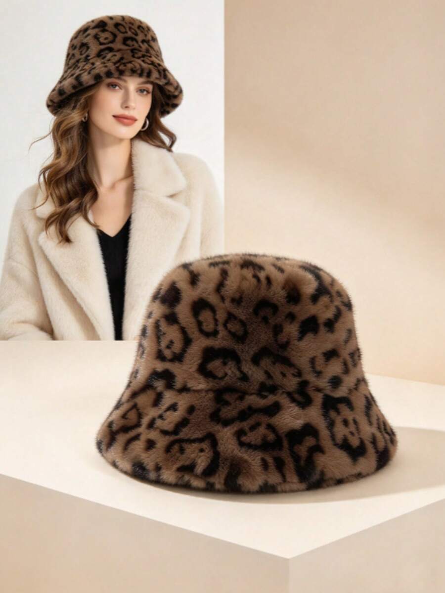 1pc Women's Fashion Leopard Print Versatile Plush Bucket Hat, Streetwear Travel Warm Cold-Proof Face-Slimming Bucket Hat - Bucket Hat - View 1