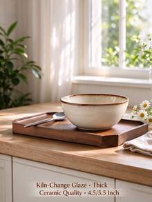 1PC Japanese Style Asymmetrical Ceramic Rice Bowl, New Household Retro Rice Bowl, Noodle Bowl, Small Soup Bowl, Creative Asymmetrical Design, Minimalist Retro Matte Texture, Handmade Asymmetrical Edge Design, Ceramic Heat-Resistant, Smooth Glazed Surface Easy To Clean, Suitable For Rice, Soup, Noodles, Desserts - Multicolor - View 6