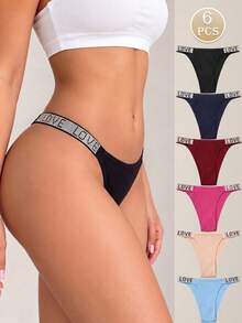 6pcs Women's Panty Set Ribbed Thong Letter Print Rhinestone Low Waist Sexy G-String High Elasticity Underwear - Multicolor - View 1