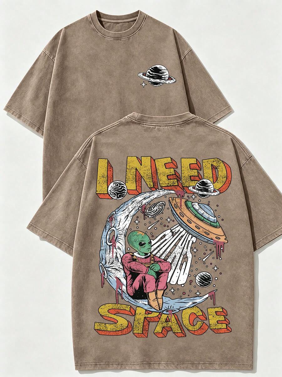 Men's Plus Size I Need Space Alien Print T-Shirt, Vintage Washed Loose Fit Short Sleeve Streetwear Top - Rust Brown - View 1