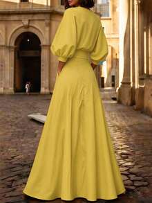 Solid Color Printed Belt Decor V-Neck Puff Sleeve A-Line Maxi Dress Yellow Elegant Summer - Yellow - View 4