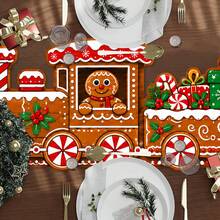1 Buah Taplak Meja Natal Poliester, Motif Kereta Api Manusia Kue Jahe, Dekorasi Meja Kotak Hadiah Permen Natal untuk Meja Makan, Dapur, Jamuan Liburan, Dekorasi Meja Pesta Natal di Rumah, 180*35cm - A - View 1