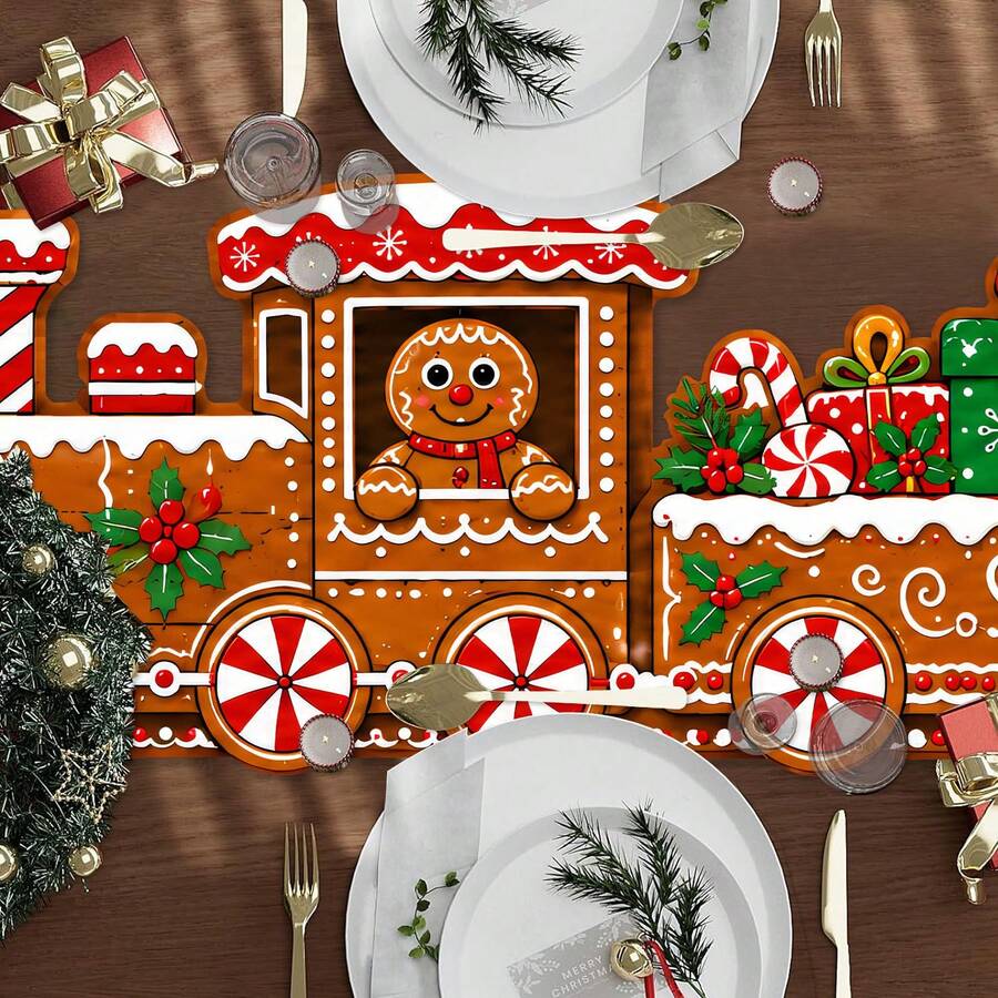 1 Buah Taplak Meja Natal Poliester, Motif Kereta Api Manusia Kue Jahe, Dekorasi Meja Kotak Hadiah Permen Natal untuk Meja Makan, Dapur, Jamuan Liburan, Dekorasi Meja Pesta Natal di Rumah, 180*35cm - A - View 1