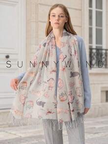 1pc Women's Gold Thread Animal Cartoon Kitten Cute Lively Sweet Versatile Fashion Polyester Scarf For All Seasons Daily Wear - Light Grey - View 1