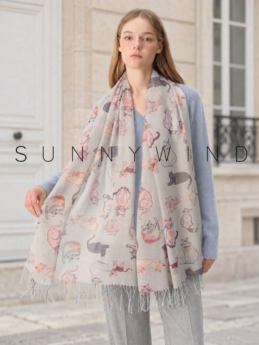 1pc Women's Gold Thread Animal Cartoon Kitten Cute Lively Sweet Versatile Fashion Polyester Scarf For All Seasons Daily Wear - Light Grey - View 1
