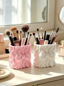 3D Printed Wavy Bow Makeup Brush Holder, 3D Wavy Texture With Full Bow Design, Dual Compartment Design, Can Separately Store Makeup Brushes And Lip Gloss, Sweet Pink Decor For Vanity - Multicolor - View 2